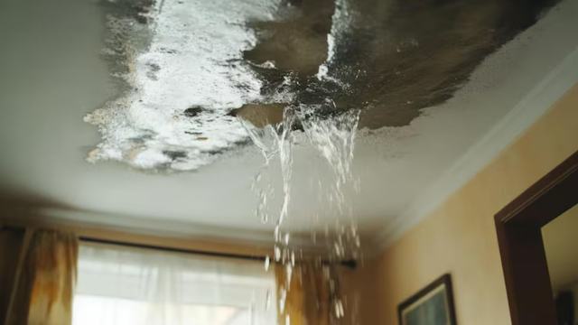 Water dripping from a stained ceiling into a living room