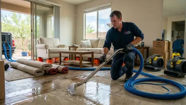 Technician using extraction hoses to remove standing water in a living room