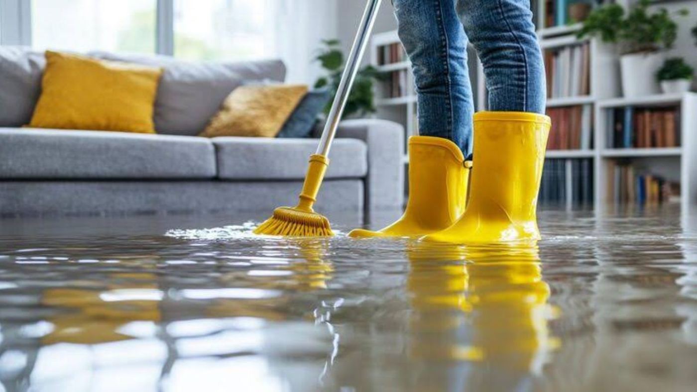 Person in yellow boots mopping floodwater in a living room