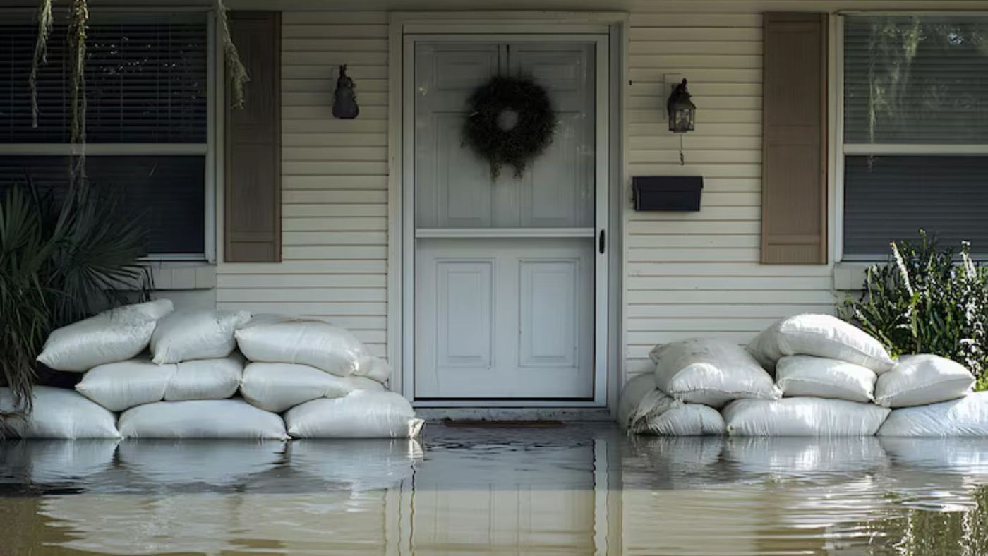 Sandbags stacked at a front door with water at the doorstep