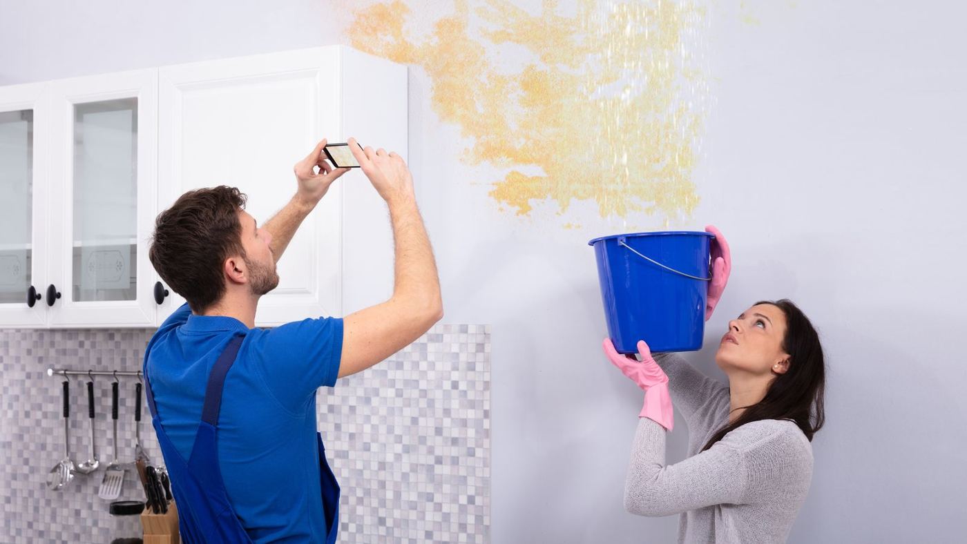 Homeowners checking a stained wall and catching drips with a bucket